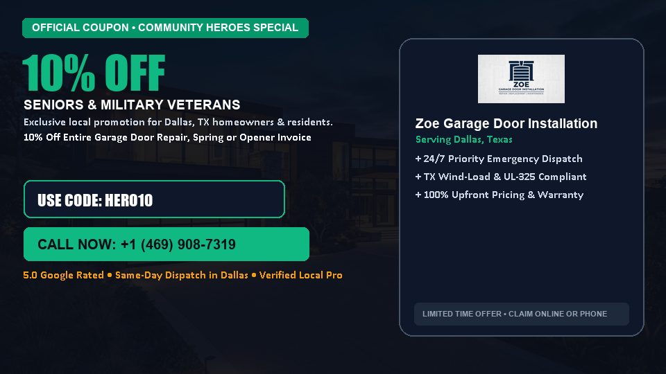 Zoe Garage Door Installation 10% OFF Seniors & Military Veterans in Dallas, TX